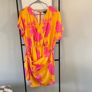 Bright Yellow & Hot Pink Floral Wrap Dress